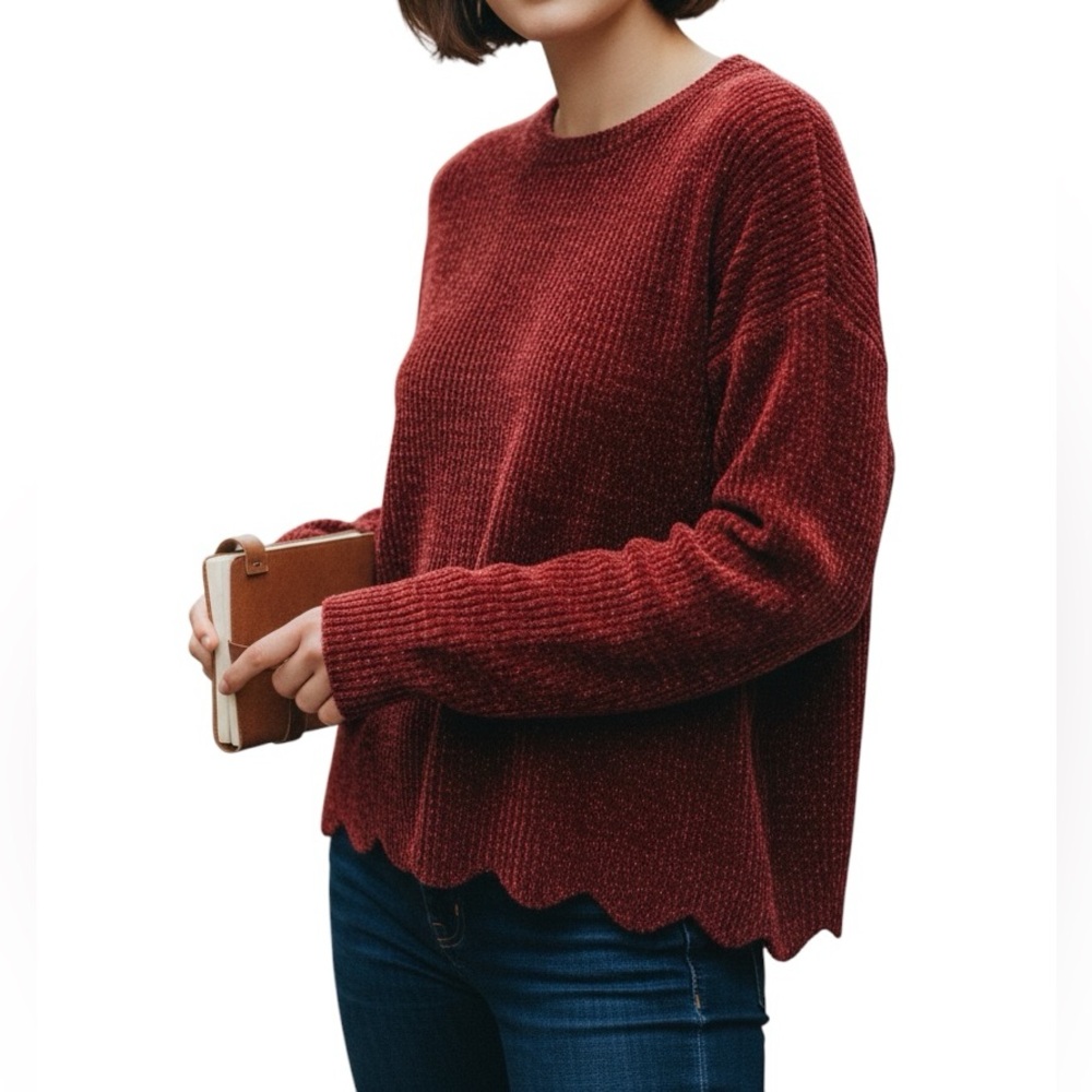 Allie & Rob Women’s Burgundy Scalloped Hem Long Sleeve SweaterSize M. SKU 334